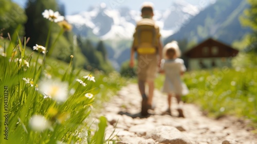 Obraz na płótnie A serene scene of a parent and child walking along a rocky path amidst lush greenery and majestic mountains in the background. w salonie