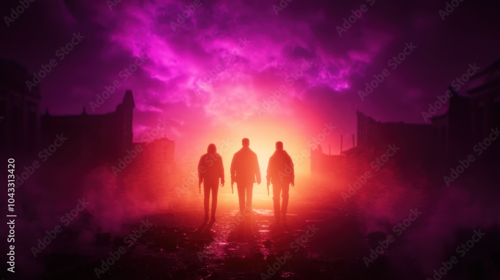 Three silhouetted figures stand against a vibrant, colorful nebula backdrop, creating a mysterious and dramatic scene. Three silhouetted figures stand against a vibrant, colorful nebula backdrop, creating a mysterious and dramatic scene.