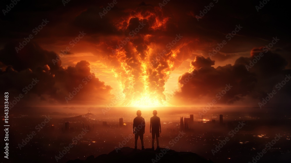 Fototapeta premium Two silhouetted figures stand against a fiery explosion, depicting a dramatic scene of destruction and impending doom.