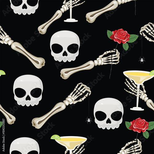 Skull themed seamless pattern with skeleton hands, rose, margarita and spider web on a dark black backdrop