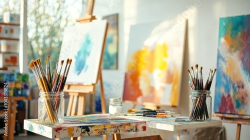 A vibrant art studio filled with easels, brushes, and colorful paintings.