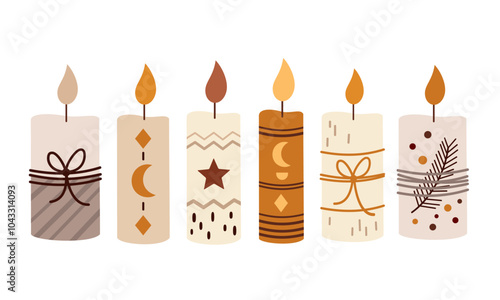 Boho Christmas candles clipart. Christmas festive element. Vector illustration in flat style