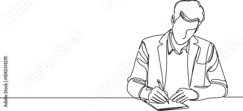 continuous single line drawing of male business person taking notes on paper, line art vector illustration
