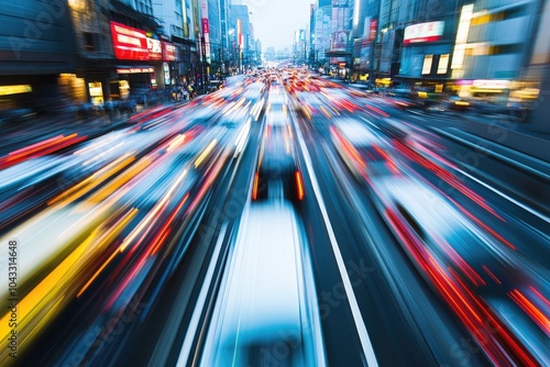 Blurred motion of cars driving down a highway. This photo is ideal for projects involving themes of speed, motion, and transportation. photo