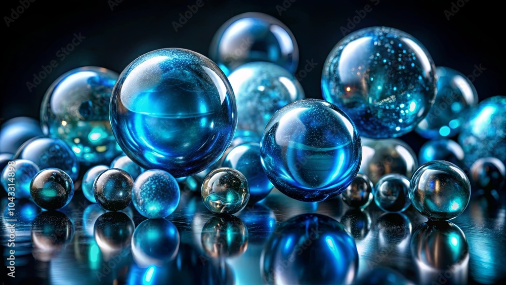 A symphony of iridescent blue spheres scattered across a dark surface, each reflecting the intricate patterns within their depths. A symphony of iridescent blue spheres scattered across a dark surface, each reflecting the intricate patterns within their depths.