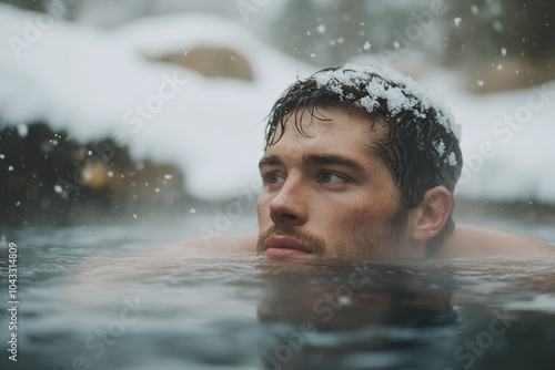 Generative AI image of man enjoying hot spring at winter resort