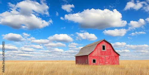 A vibrant red barn stands alone in a golden field under a bright blue sky filled with fluffy clouds during the dayA vibrant red barn stands alone in a golden field under a bright blue sky filled with  photo