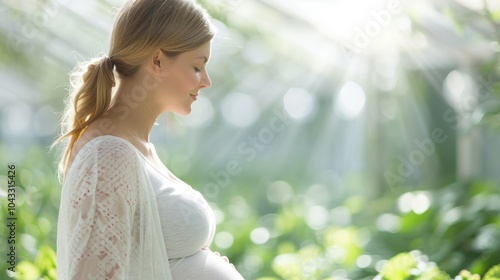 Obraz na płótnie A serene, pregnant woman stands in a lush garden, bathed in soft sunlight, symbolizing new life and natural beauty. w salonie