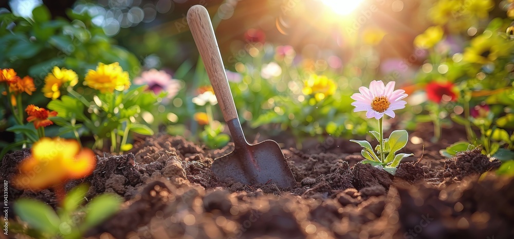 Garden Filled With Flowers and Shovel Garden Filled With Flowers and Shovel