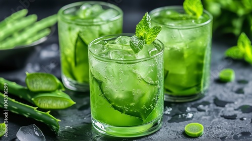 Three glasses of refreshing aloe vera juice with ice and mint on a dark background
