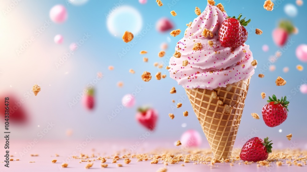 A colorful ice cream cone topped with pink whipped cream and strawberries, surrounded by falling crumbs and a dreamy background. A colorful ice cream cone topped with pink whipped cream and strawberries, surrounded by falling crumbs and a dreamy background.