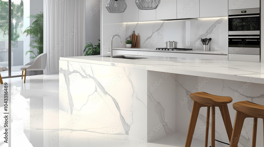 Bright minimalist kitchen with white marble countertops, minimalist wooden bar stools, and stainless steel appliances Bright minimalist kitchen with white marble countertops, minimalist wooden bar stools, and stainless steel appliances