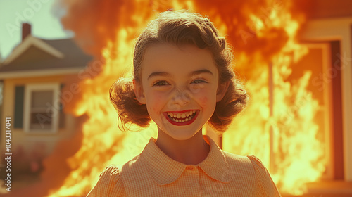 Joyful Girl with Vintage Hairstyle in Front of Flames with a Bright Day Background