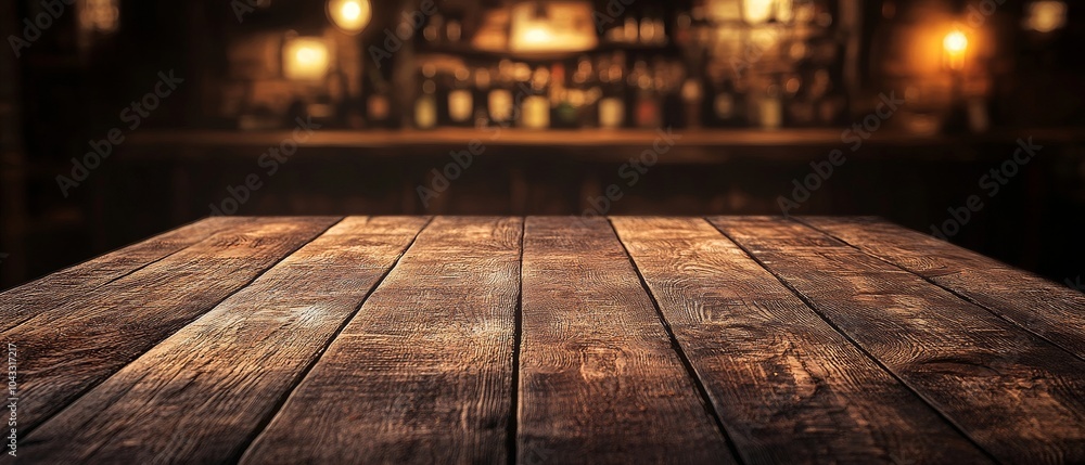Rustic wooden table in a dimly lit bar setting. Rustic wooden table in a dimly lit bar setting.