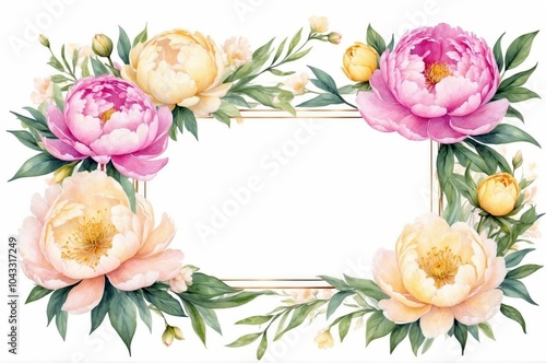 Colorful watercolor vintage wedding botanical bouquet flower invatition card illustration on isolated white background. 
 photo