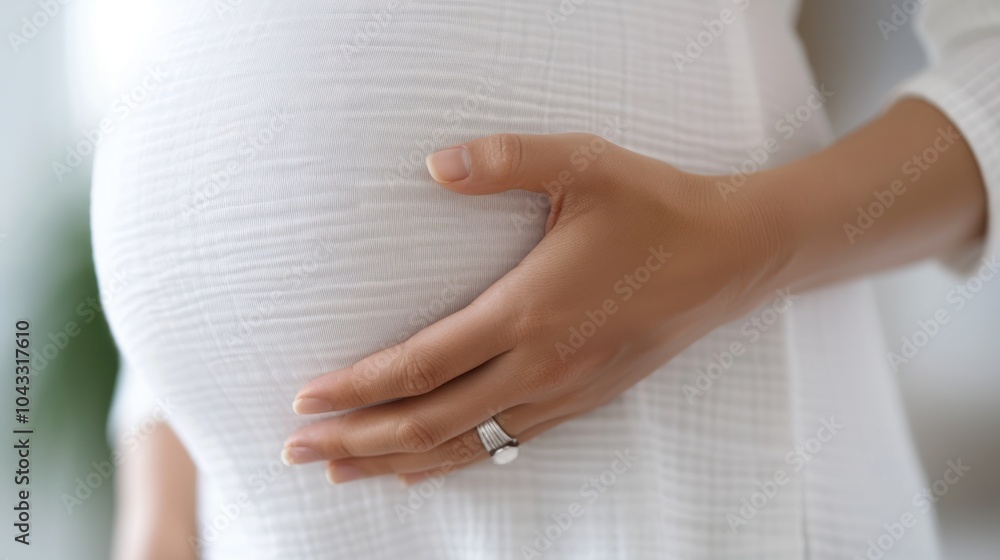 A close-up of a pregnant woman's belly, highlighting her hand gently resting on it, conveying a sense of love and anticipation.