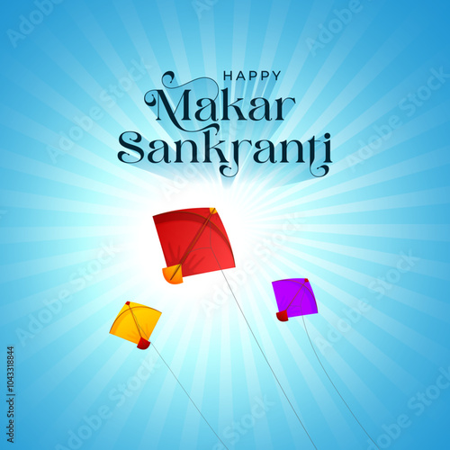 Happy Makar Sankranti Banner Design. Makar Sankranti Festival Background with Flying Kites. Abstract vector illustration design. Makar Sankranti text sky and sun background theme.