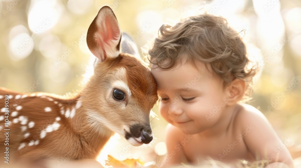 A tender moment captured between a child and a fawn, highlighting innocence and the beauty of nature in a serene setting. A tender moment captured between a child and a fawn, highlighting innocence and the beauty of nature in a serene setting.