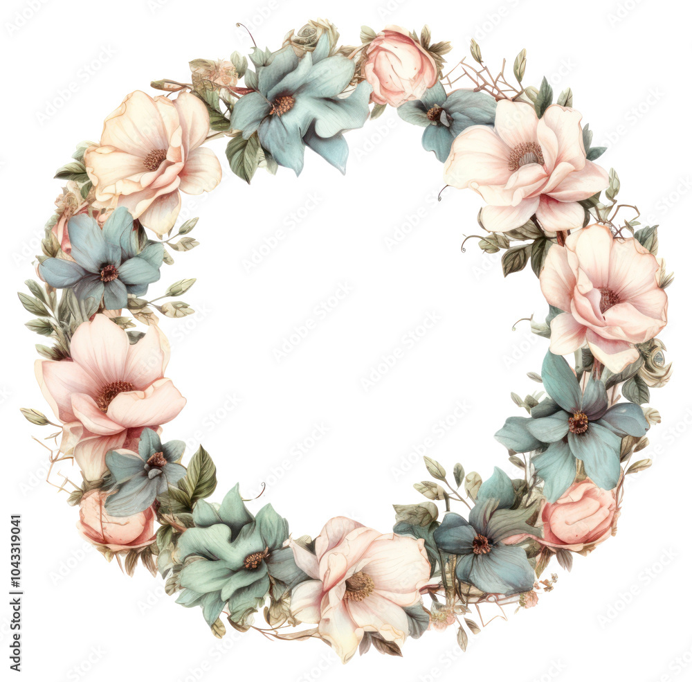 Fototapeta premium PNG Vintage flowers circle frame pattern wreath plant.
