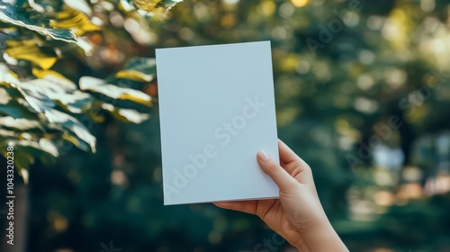 Hand holding blank white flyer brochure booklet in hand photo