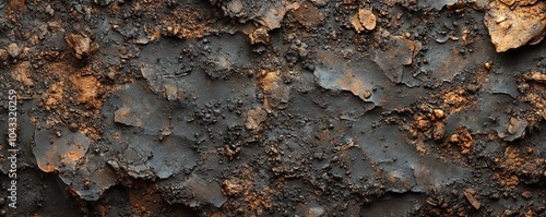 Detailed soil surface with varied particle sizes and decomposing plant matter, capturing earthy textures and layers, realistic macro photography photo