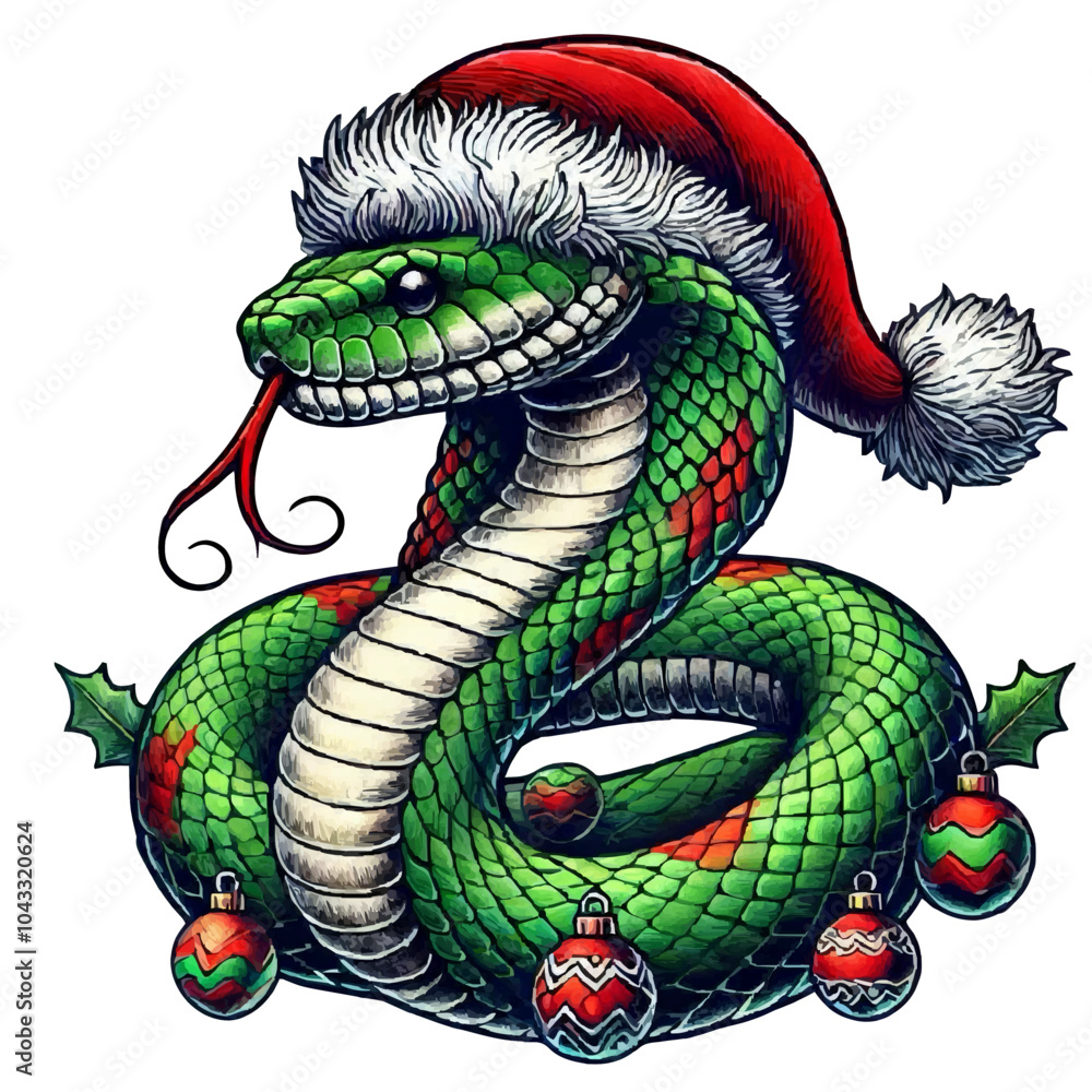 Obraz premium Christmas Snake with Santa Hat and Festive Ornaments