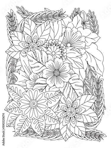 Flower pattern. Vector doodle flowers in black and white. Page adult coloring book. Coloring Flower Page.