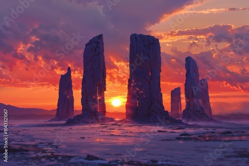 Majestic Stone Monoliths at Sunset with Vibrant Orange and Purple Sky