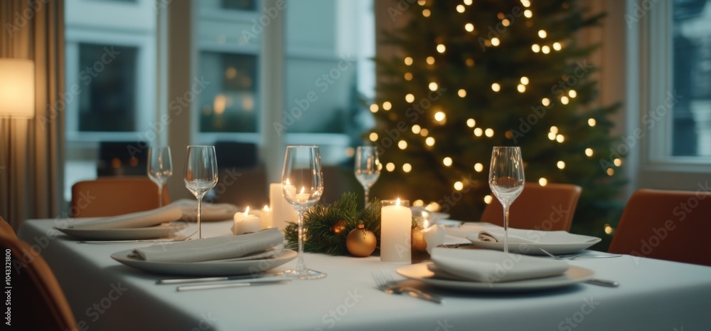 Fototapeta premium Festive Christmas table setting with candles and plates, lit Christmas tree in the background.