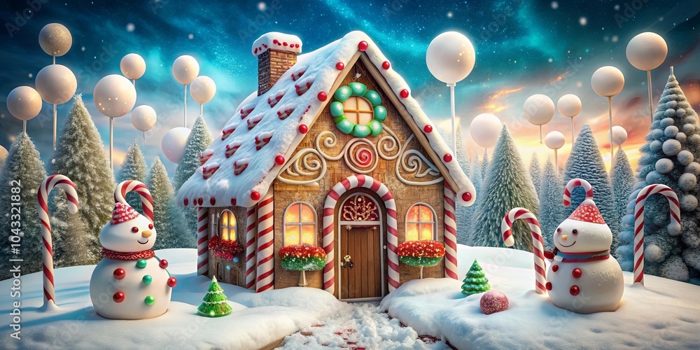 A whimsical gingerbread house nestled in a snowy wonderland, adorned with candy canes and surrounded by cheerful snowmen, illuminated by a magical glow A whimsical gingerbread house nestled in a snowy wonderland, adorned with candy canes and surrounded by cheerful snowmen, illuminated by a magical glow