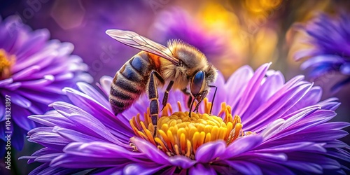 AI art captures the vibrant beauty of a macro bee, bathed in violet nectar. photo