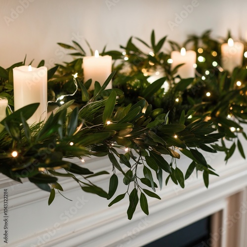 Elegant Christmas mantle decor with glowing white candles, lush green foliage garland, and subtle twinkling fairy lights for a cozy winter atmosphere.