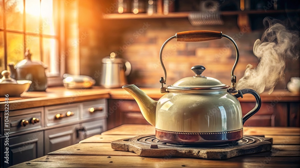 A rustic kitchen scene with a steaming kettle on a wooden table, bathed in the warm glow of afternoon sunlight. A rustic kitchen scene with a steaming kettle on a wooden table, bathed in the warm glow of afternoon sunlight.