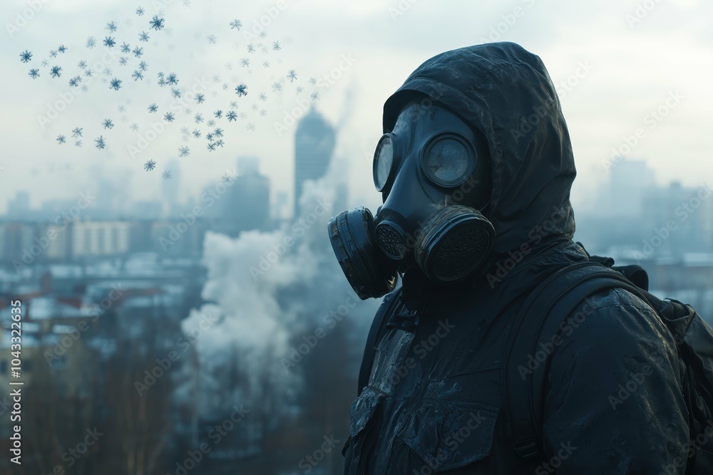 A man in a gas mask stands in a smog-covered city representing the health impacts of air pollution A man in a gas mask stands in a smog-covered city representing the health impacts of air pollution