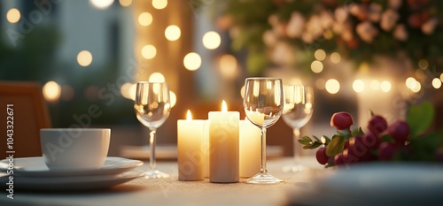 Romantic table setting with candles, glasses, and flowers.