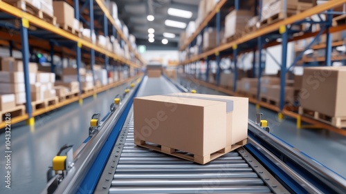 Cardboard box on conveyor belt in a warehouse with organized shelves in background.