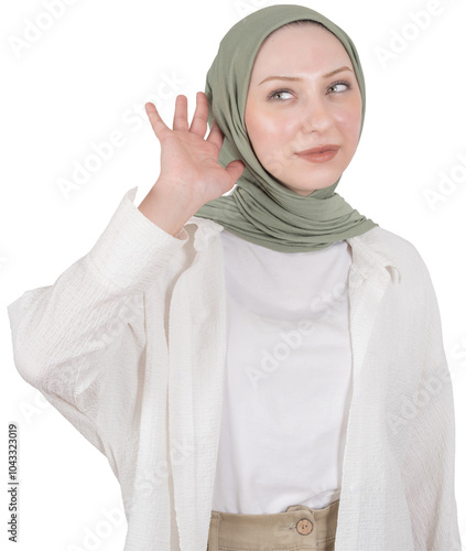 Photography Woman listening intently, portrait of young caucasian smiling curious muslim woman listenin intently wear hijab abaya standing isolated transparent png image