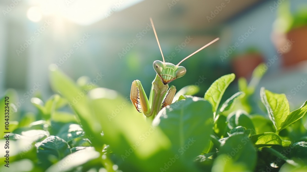 A green praying mantis sits in a garden, its long antennae pointed forward, with its eyes wide open, and the sun shining behind it. A green praying mantis sits in a garden, its long antennae pointed forward, with its eyes wide open, and the sun shining behind it.