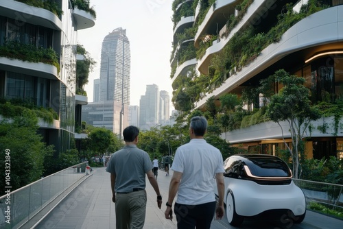 In a lush, green urban environment, two men stroll past futuristic architecture and a smart car, reflecting a sustainable and technological urban lifestyle. photo