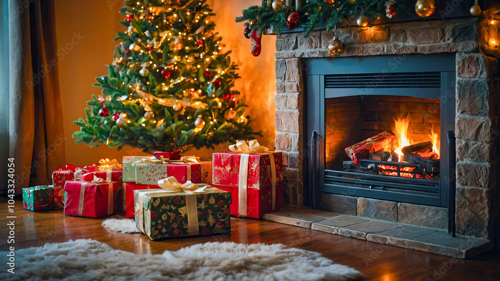 AI-generated image of Christmas comes to life with a warm cozy fireplace AI-generated image of Christmas comes to life with a warm cozy fireplace