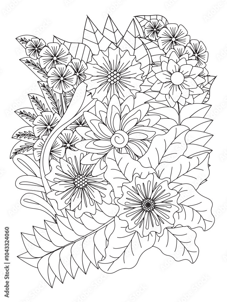 Flower pattern. Vector doodle flowers in black and white. Page adult coloring book. Coloring Flower Page. Flower pattern. Vector doodle flowers in black and white. Page adult coloring book. Coloring Flower Page.