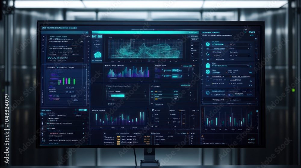 A digital dashboard displaying data analytics and visualizations on a monitor. A digital dashboard displaying data analytics and visualizations on a monitor.