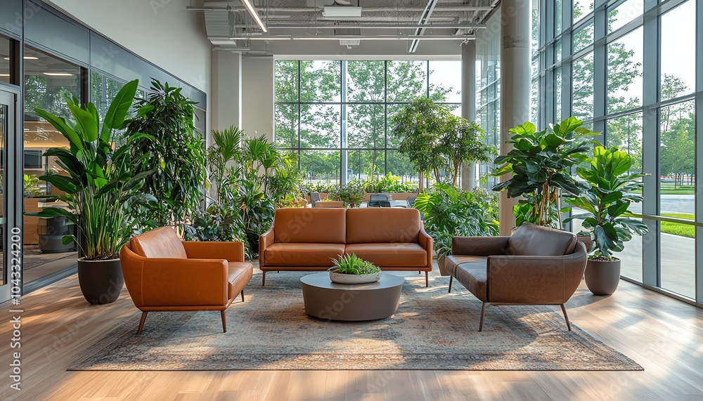 Sustainable office design featuring indoor plants, natural lighting, ecoconscious decor, promoting a green work environment Sustainable office design featuring indoor plants, natural lighting, ecoconscious decor, promoting a green work environment