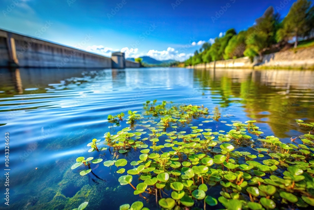Obraz premium River full of water plants in clear blue water near a dam