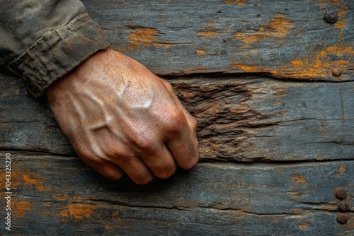 A close-up of a hand holding a heavy chain, the links thick and rusty, representing the weight and burden of extremist ideologies. photo