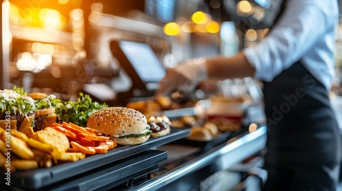 A busy restaurant scene featuring a server with a tray of delicious burgers, fries, and fresh vegetables, showcasing a vibrant culinary experience.