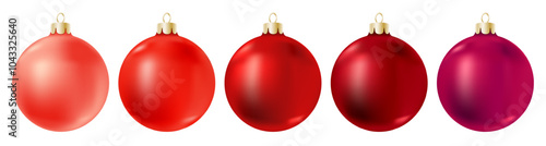 Red Christmas balls set isolated on white background. Clean realistic 3D ball, different color from light red to bright scarlet and dark burgundy. New Year decoration, vector clipart of realism style.