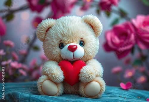 Cute Teddy Bear Holding Red Heart with Pink Flowers Background