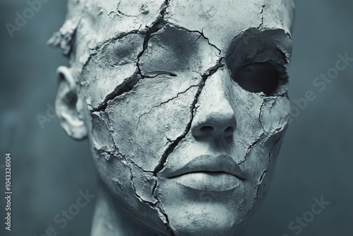 A crumbling statue with cracks running through it, symbolizing the fragility and decay of extremist ideologies.