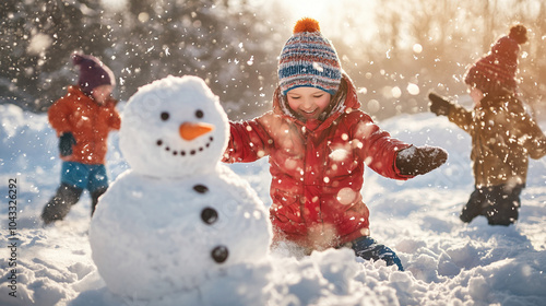 Three children are playing in the snow on a sunny winter day. One child is kneeling in front of a snowman, and the other two are playing in the background. 